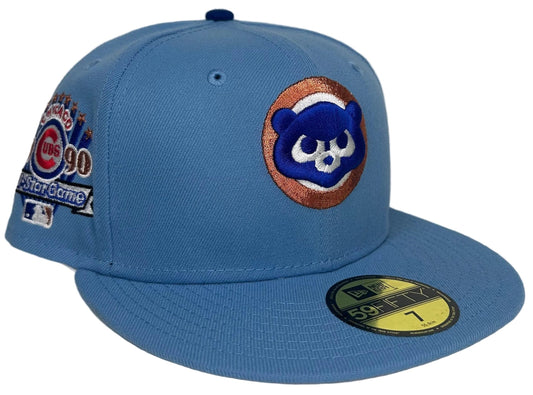 Chicago Cubs “Blastoise”New Era 59FIFTY fitted hat features a distinctive sky blue color with a copper-accented bear logo and a 1990 All-Star Game side patch.