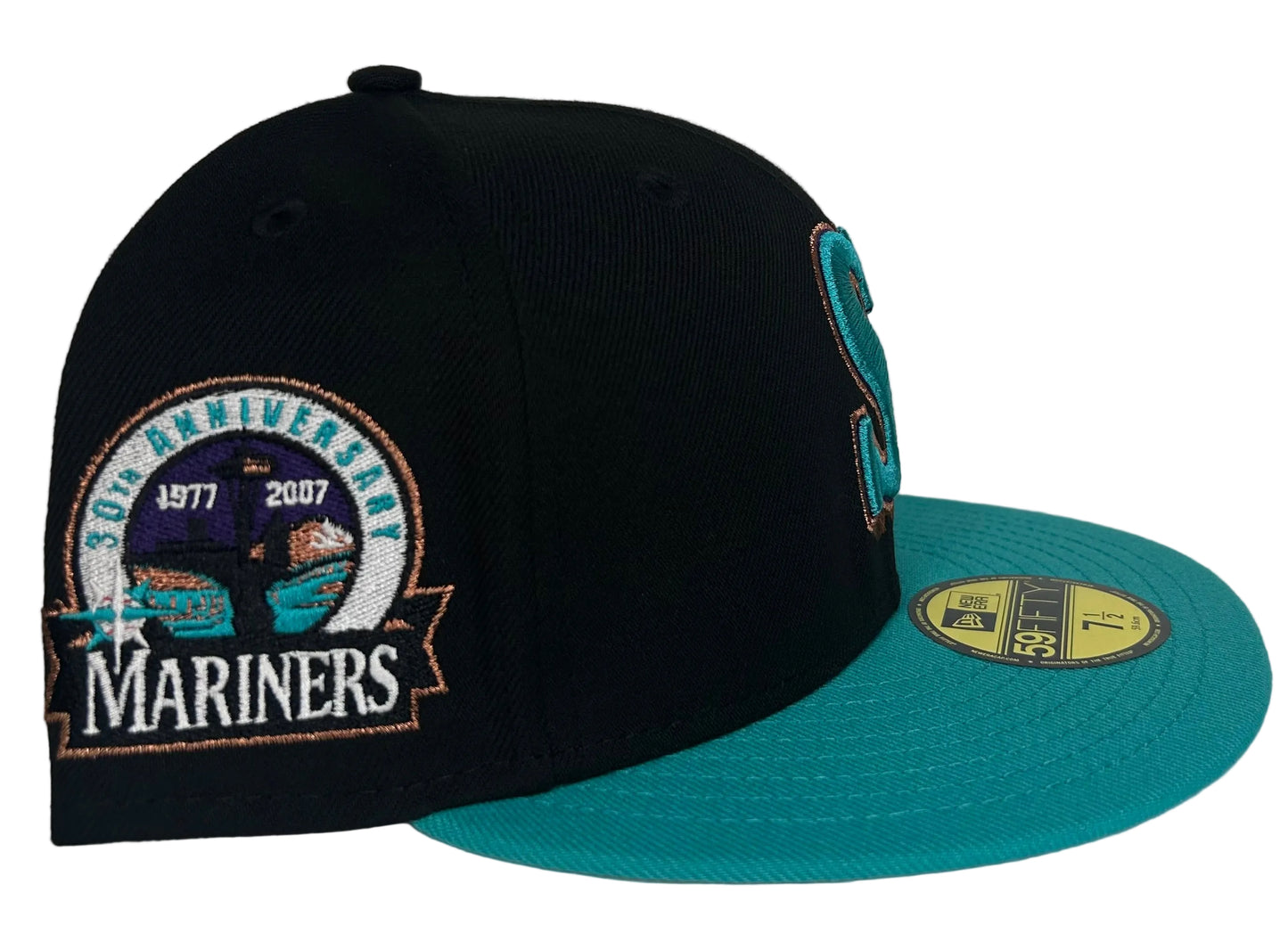 New Era Seattle Mariners 30th Anniversary Fitted Hat featuring a prominent teal brim.
