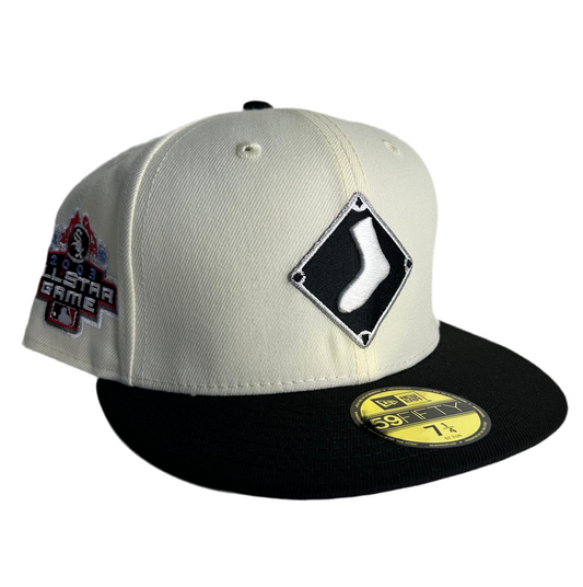 New Era 59FIFTY Chicago White Sox 2-Tone 2003 All-Star Game fitted hat in white with a black brim and side patch. 