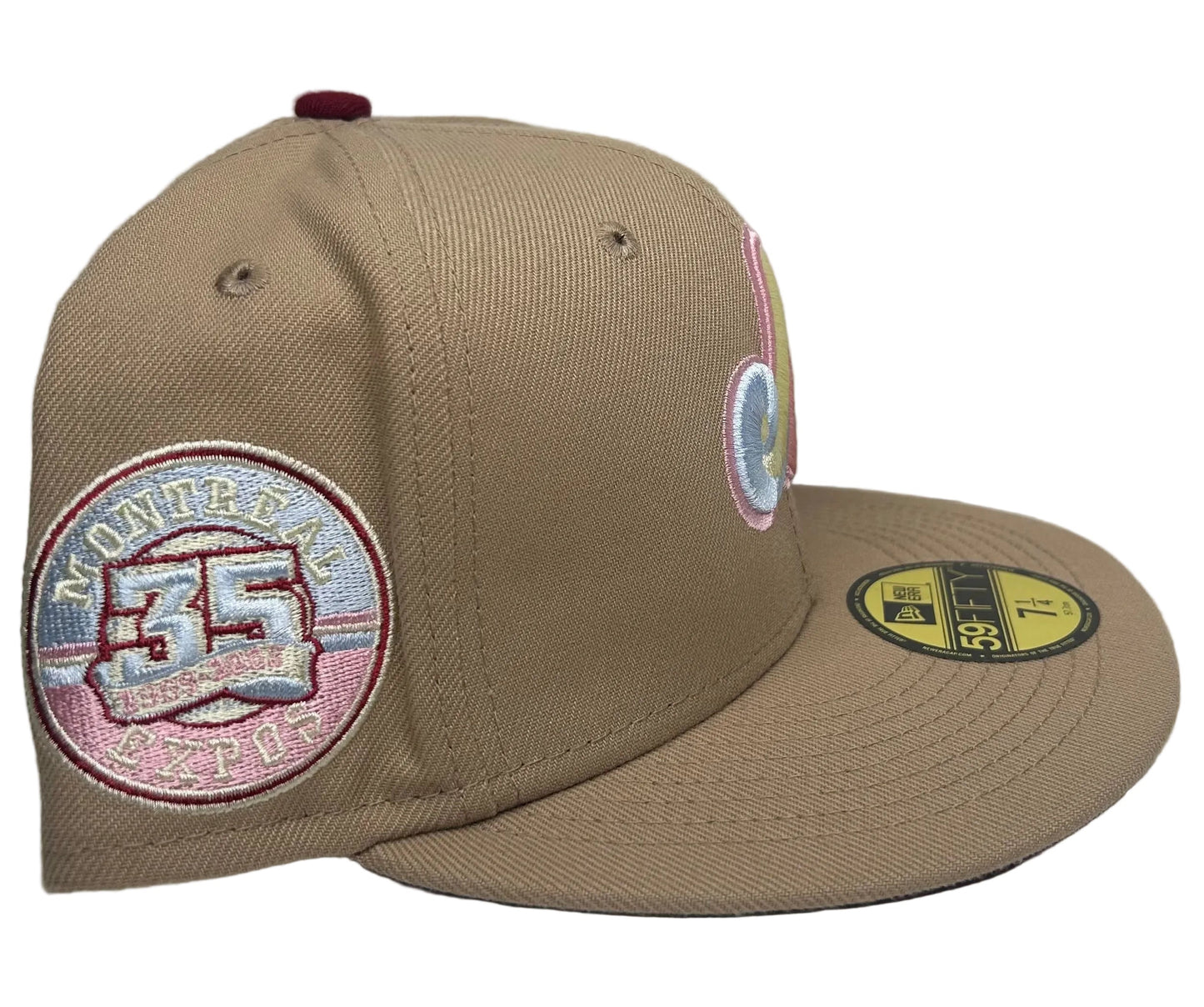 New Era Montreal Expos 59FIFTY fitted hat 
in a tan/brown colorway with pastel pink, yellow, and blue embroidery on the front logo.