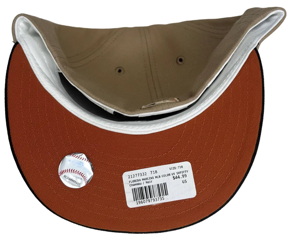 New Era Campfire Miami Marlins 1997 World Series Patch Fitted Hat in burnt orange.