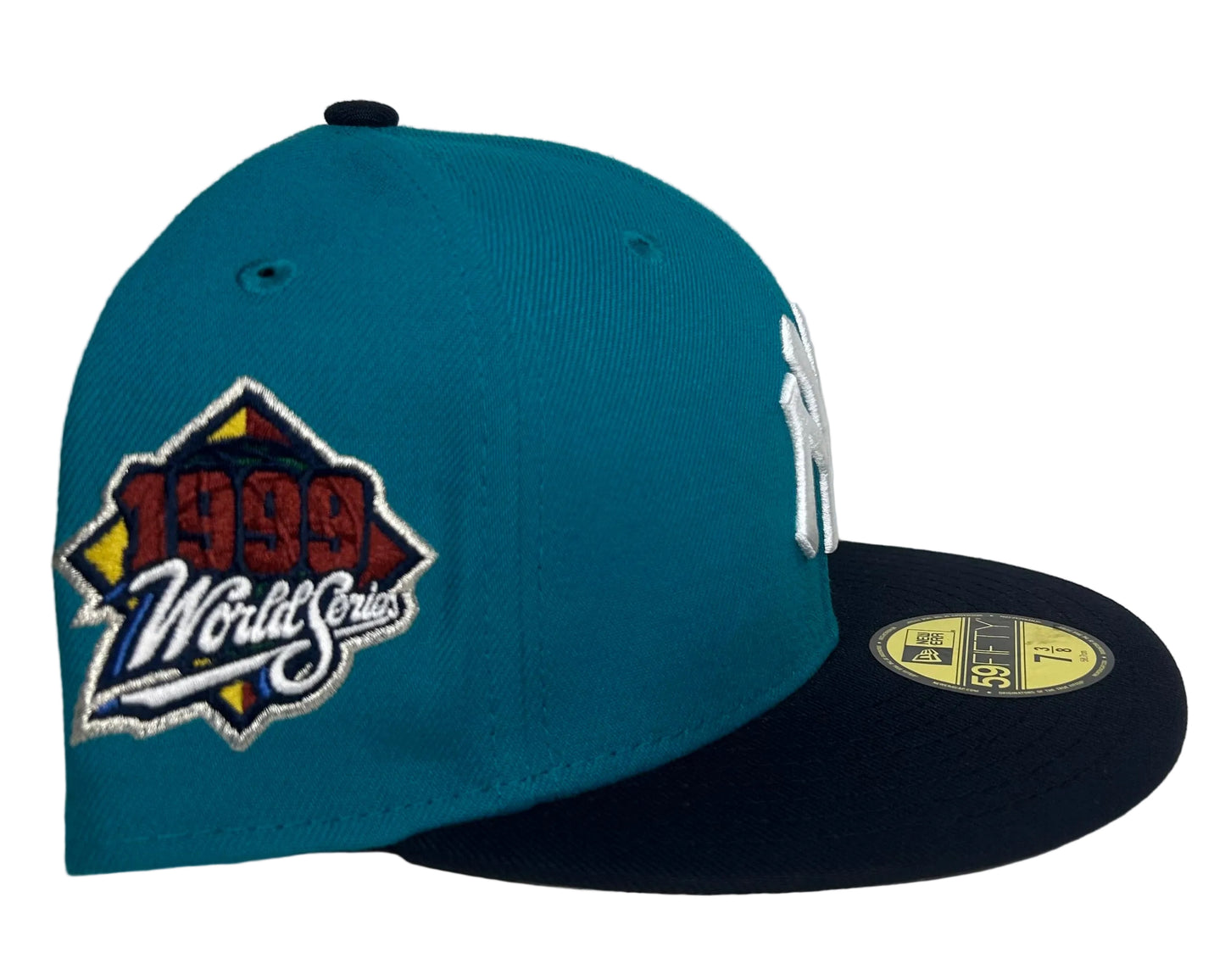 New Era New York Yankees 59FIFTY fitted hat in a teal & Navy colorway featuring a 1999 World Series side patch.