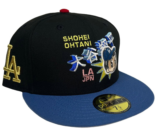 Los Angeles Dodgers Shohei Ohtani anime-themed 59FIFTY fitted hat with a black crown and blue visor.