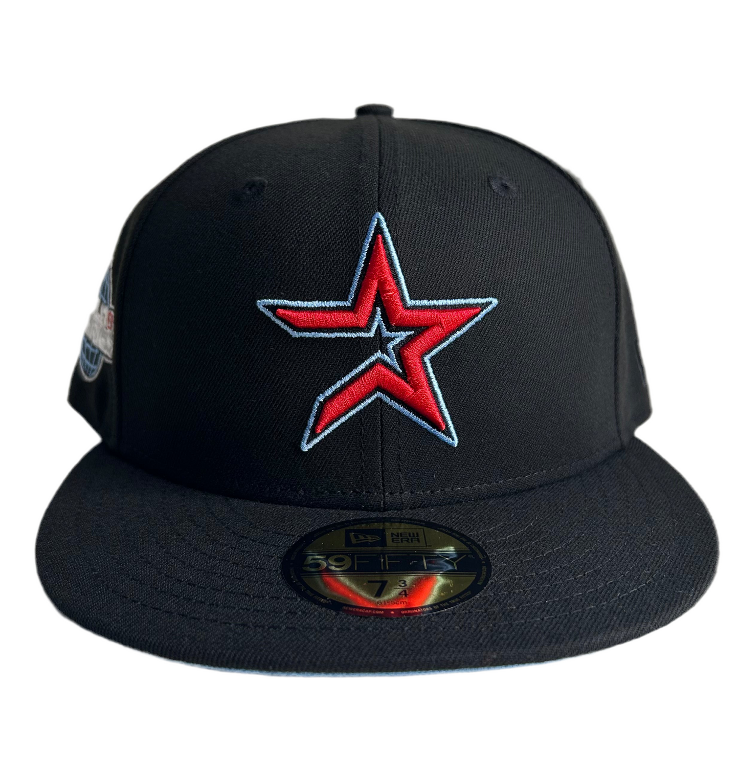 New Era 59Fifty Houston Astros 2005 World Series fitted hat with a black crown & a red and blue logo W/ Icy UV.