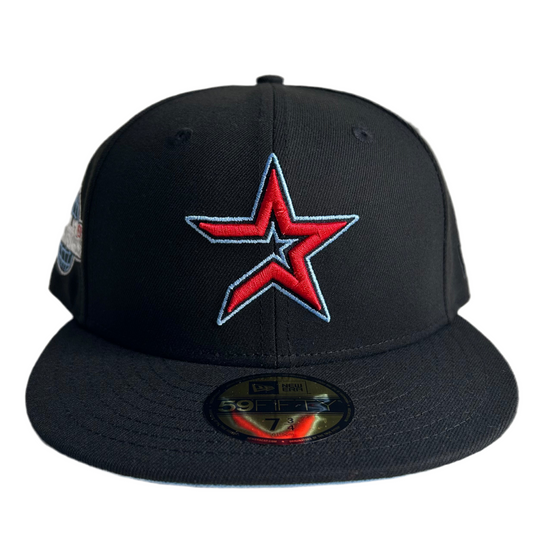 New Era 59Fifty Houston Astros 2005 World Series fitted hat with a black crown & a red and blue logo W/ Icy UV.