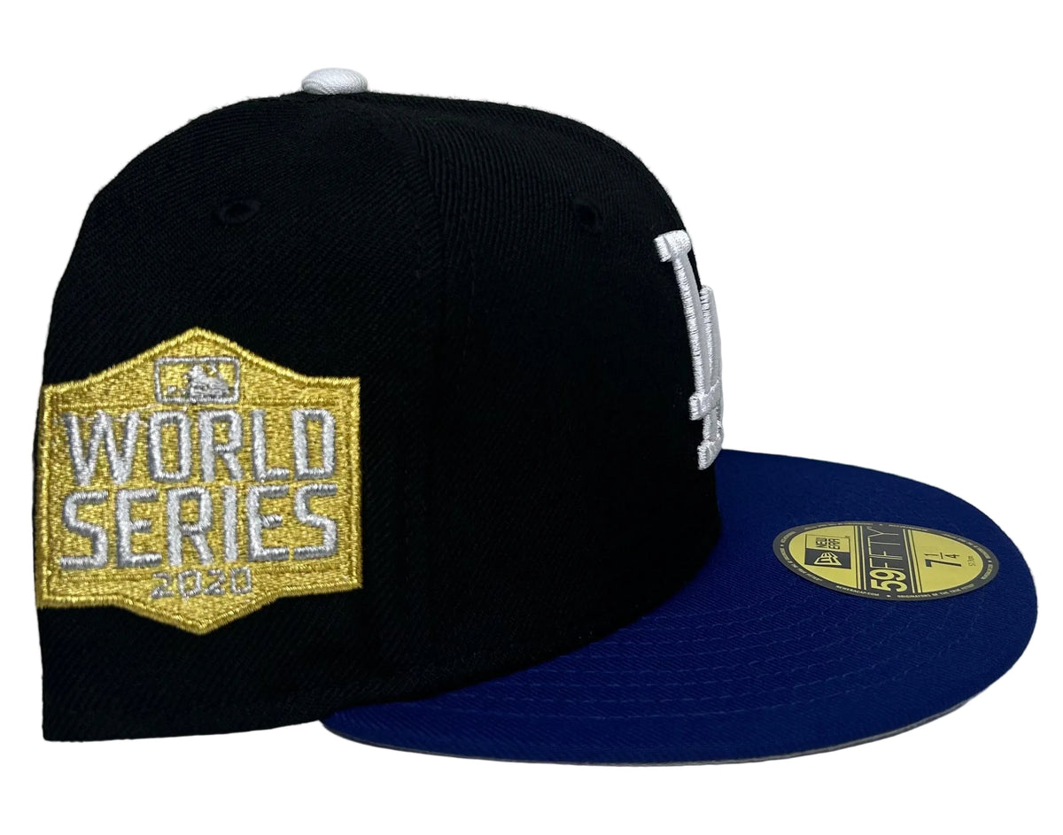 Los Angeles Dodgers New Era 59FIFTY fitted hat with a black crown, royal blue brim, and a 2020 World Series side patch in gold.