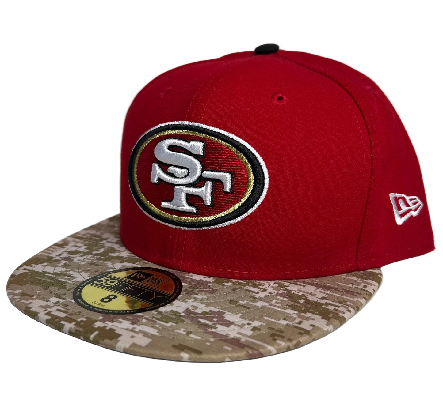 New Era San Francisco 49ers 59FIFTY fitted hat, featuring a red crown and a digital camouflage brim.