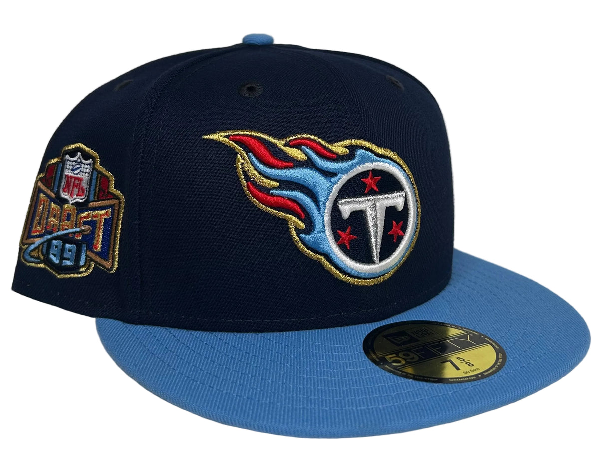 New Era Tennessee Titans 59FIFTY fitted hat in a two-tone navy and light blue design featuring a side patch.
