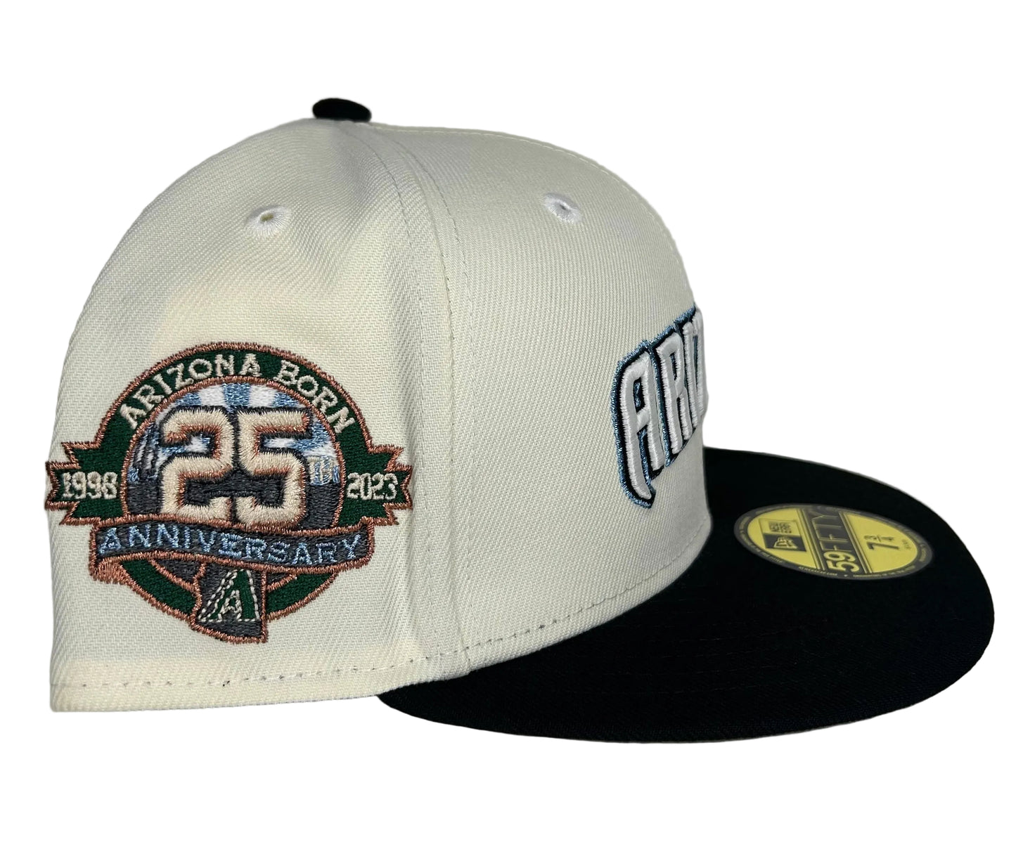 New Era 59FIFTY fitted hat features an Arizona Diamondbacks 25th Anniversary "script" logo on an off-white crown with a black visor.