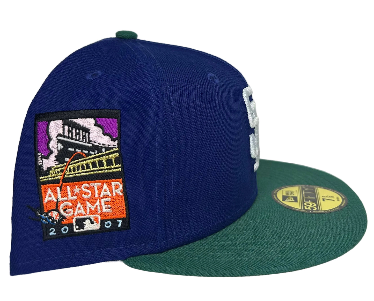New Era San Francisco Giants "Fre-Tips" 59FIFTY fitted hat featuring a dark royal blue crown, emerald green visor, and a 2007 All-Star Game side patch.