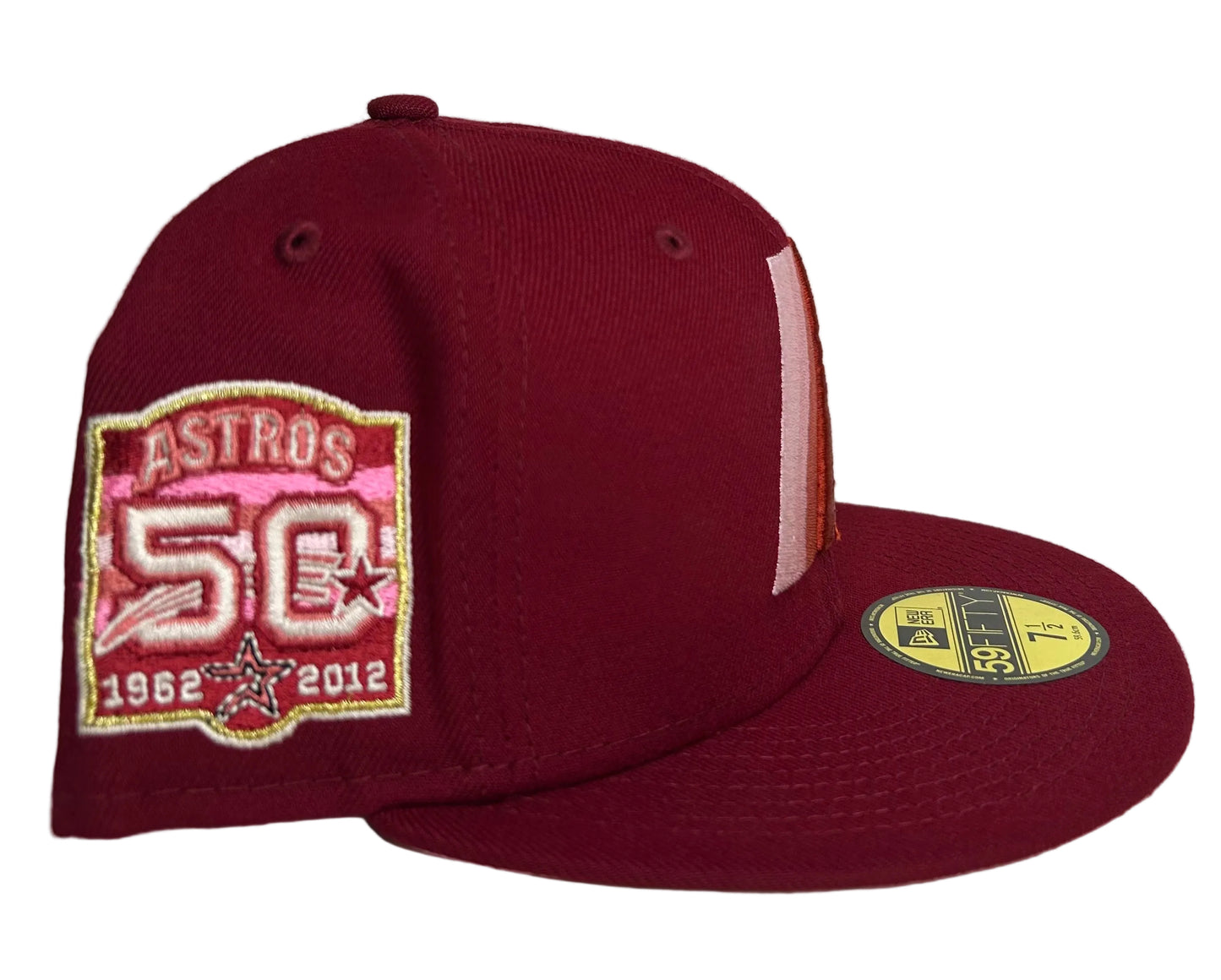 New Era Houston Astros "Red Velvet" 59FIFTY fitted hat featuring a maroon crown and a special 50th-anniversary side patch.