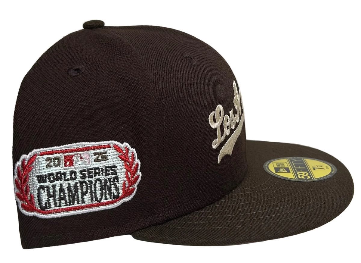 New Era 59FIFTY Los Angeles Dodgers "Sneaky Mocha Script" fitted hat MP in a brown colorway with a cursive "Los Angeles" script embroidery and a World Series side patch.