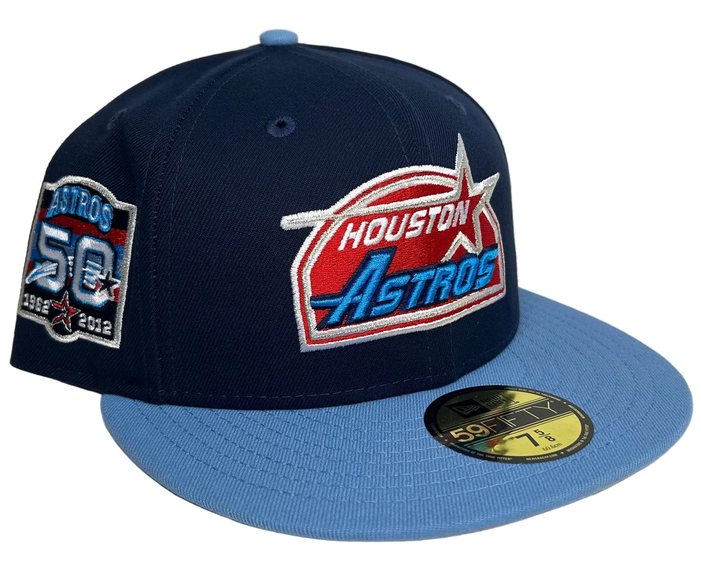 Houston Astros 50th Anniversary Patch 59Fifty Fitted Hat, featuring a navy crown, light blue brim, and a side patch commemorating the team's 50th anniversary (1962–2012).