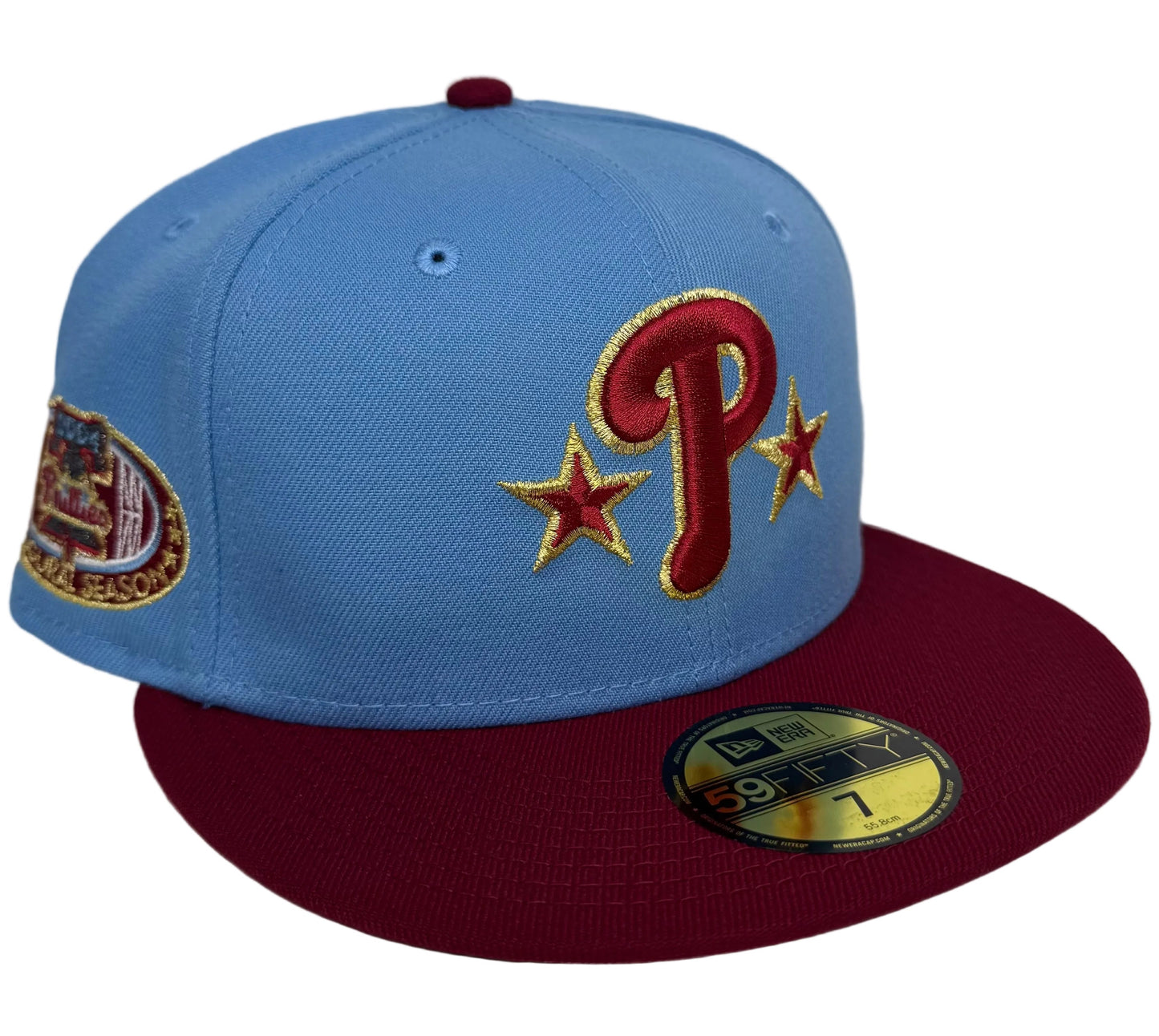 New Era 59FIFTY Philadelphia Phillies Off-White/Burgundy/Icy Blue 2004 Inaugural Season Fitted Hat, featuring a light blue crown and a striking burgundy visor.