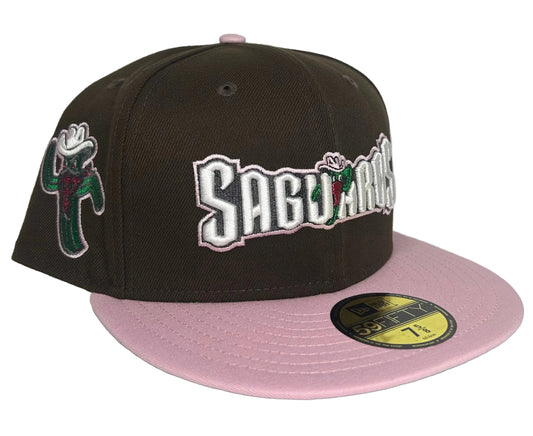 New Era 59Fifty fitted hat features a brown crown, pink visor, and a "Saguaros" text embroidered with a cactus side patch.