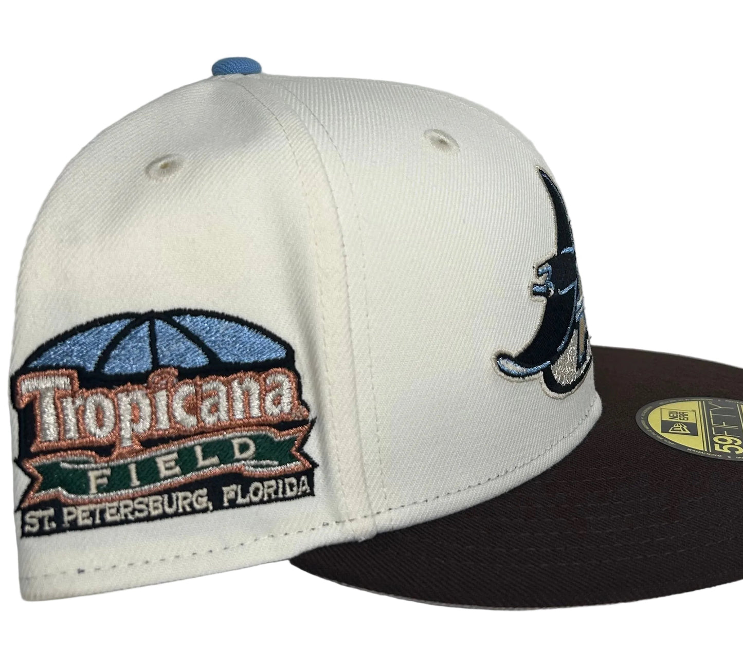 Tampa Bay Rays 59FIFTY fitted hat features a brown brim, cream crown, and a side patch of Tropicana Field.