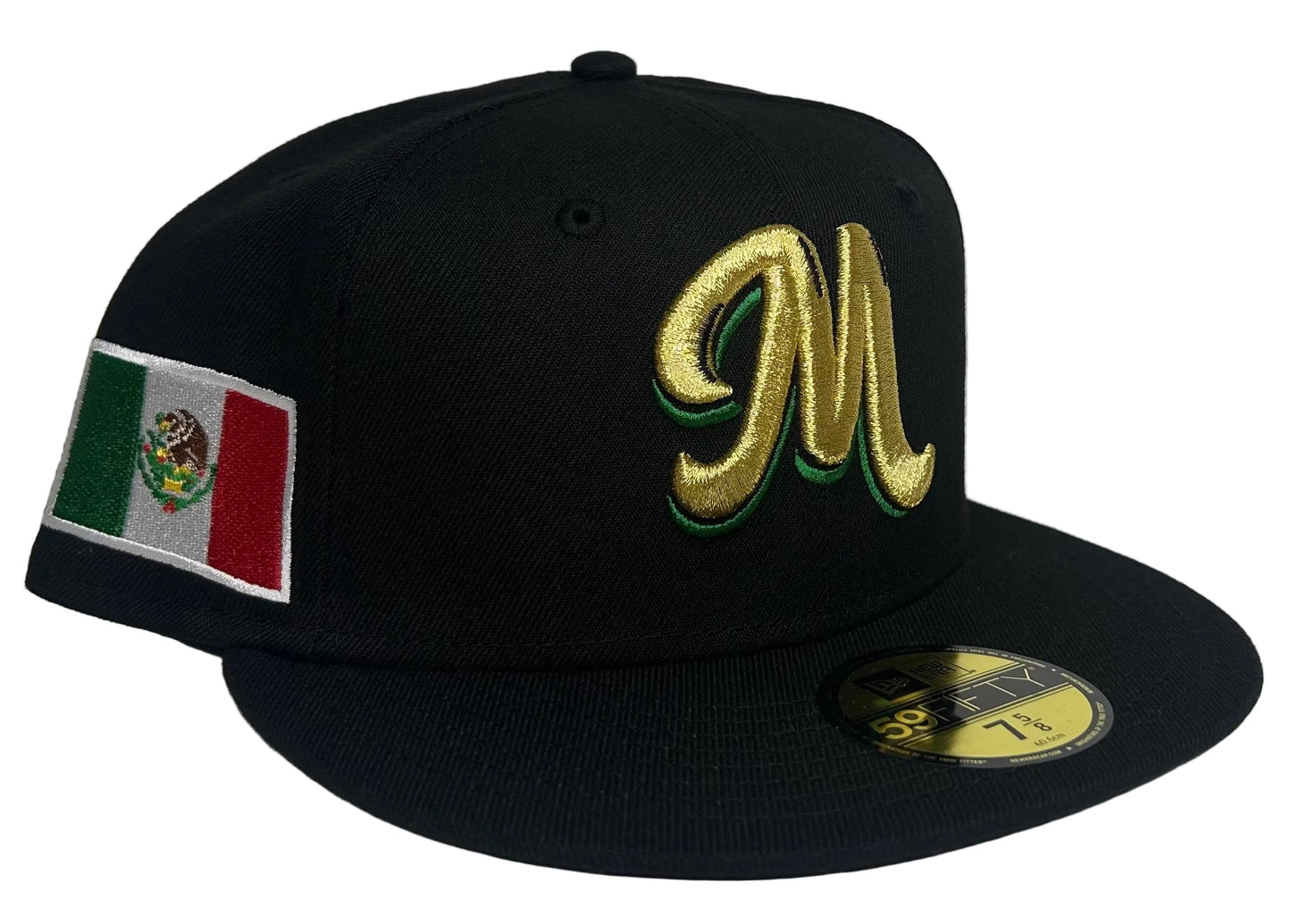 New Era 59Fifty Serie del Caribe cap features a black crown with a gold "M" logo and a Mexican flag patch on the side.