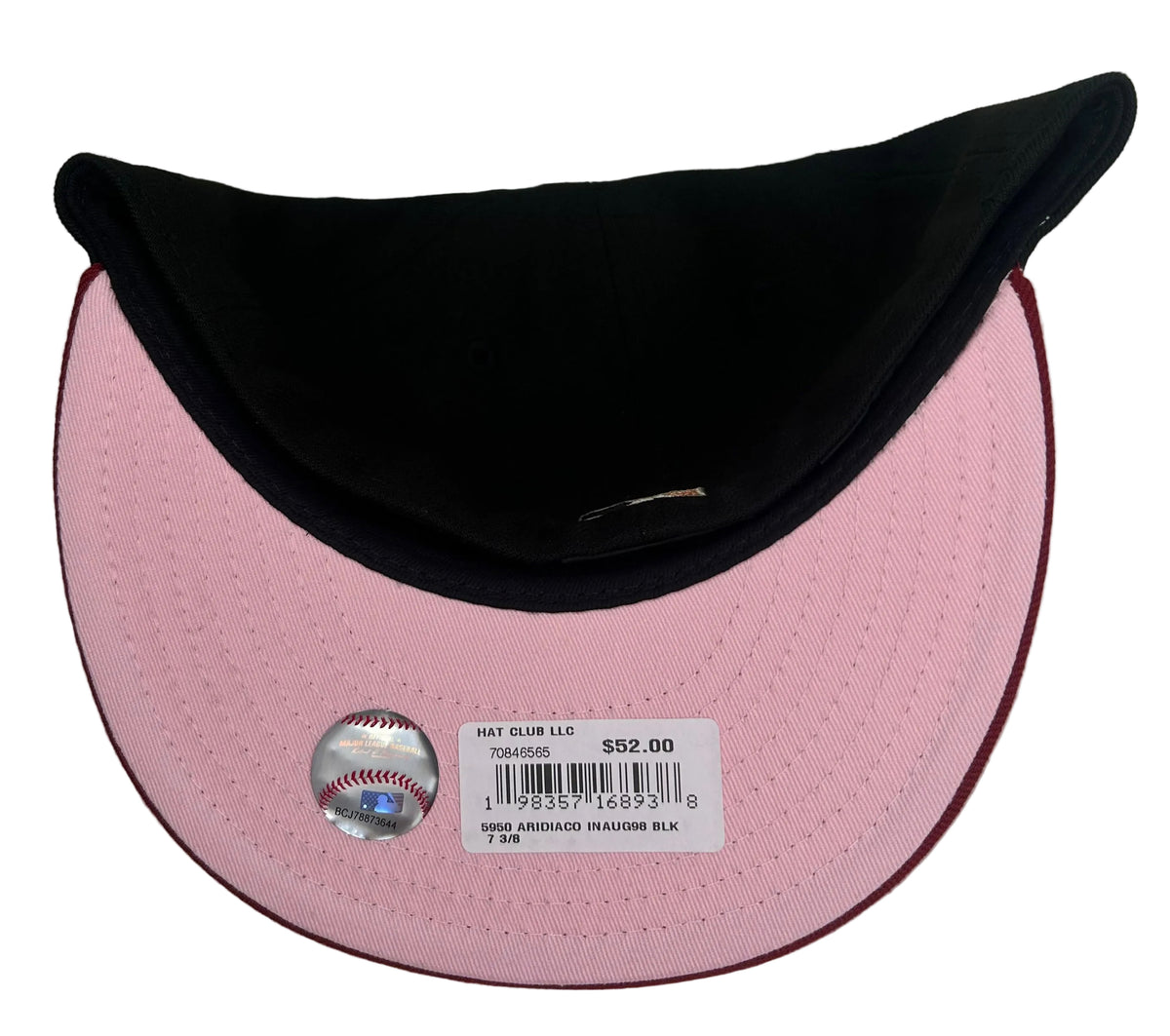New Era 59FIFTY Arizona Diamondbacks Script By: 2PieceNat  “Desert Sunrise” fitted hat, featuring a black crown, cardinal red visor, and a 1998 Inaugural Season side patch & a Pink UV.