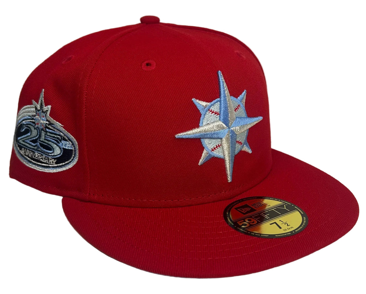 “Red Icy Bottoms” HC New Era 59FIFTY Seattle Mariners fitted hat features a light blue compass front logo and a commemorative 25th-anniversary side patch.