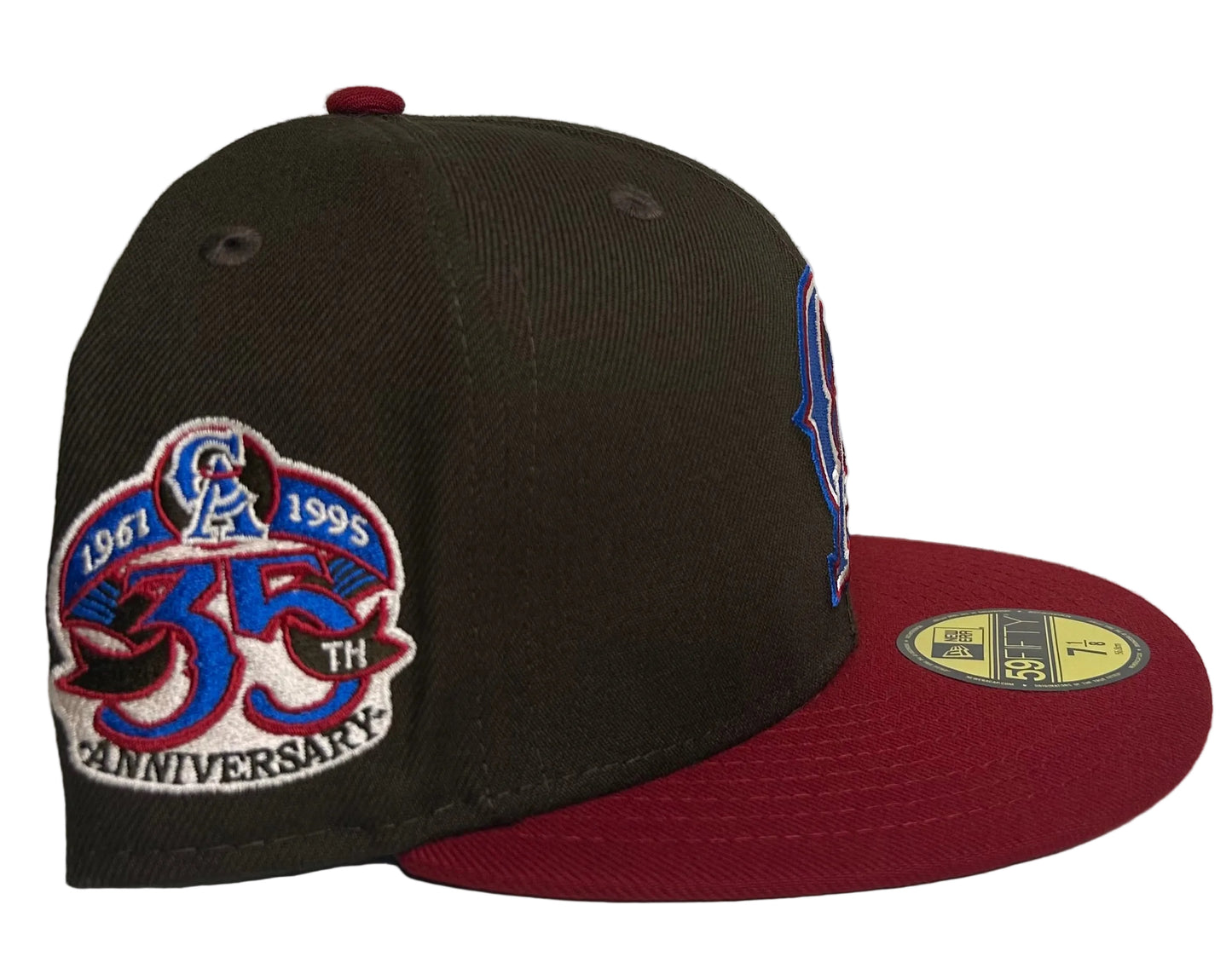 New Era 59Fifty California Angels fitted hat features a brown crown, red brim, and a 35th Anniversary patch.
