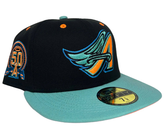 New Era Anaheim Angels 50th Anniversary fitted cap featuring a black crown and a distinct teal brim.