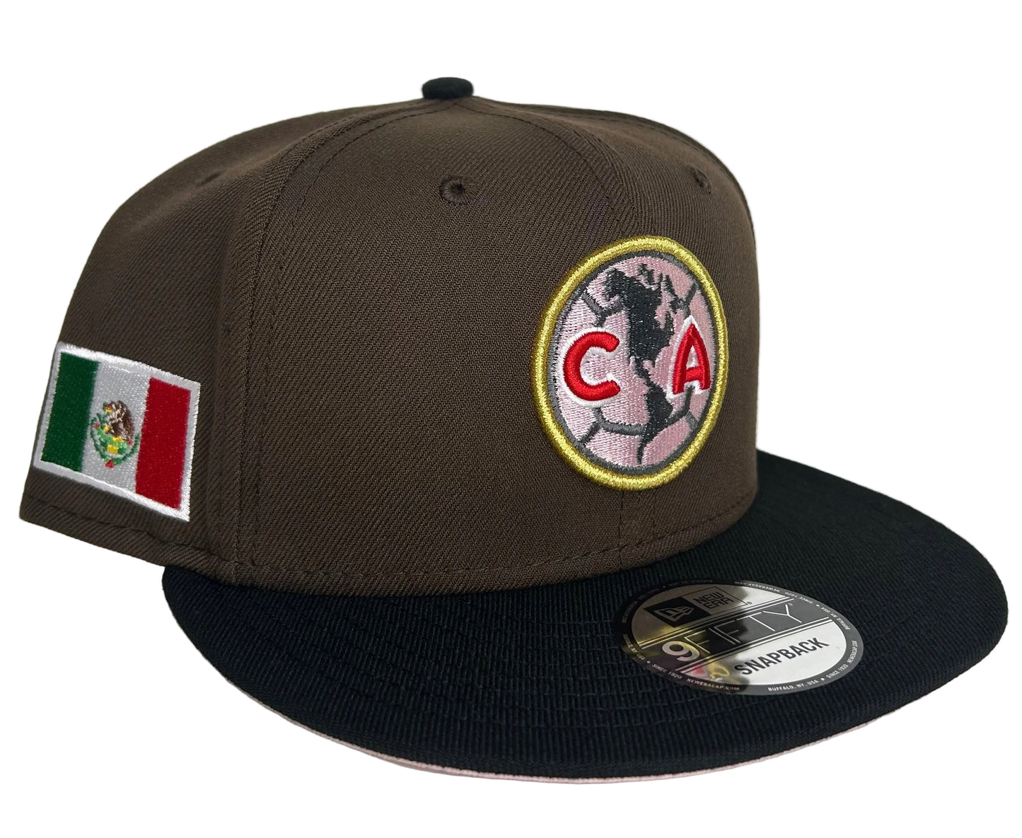 America New Era 9FIFTY snapback cap features a brown crown, black visor, and a Mexican flag patch on the side.
