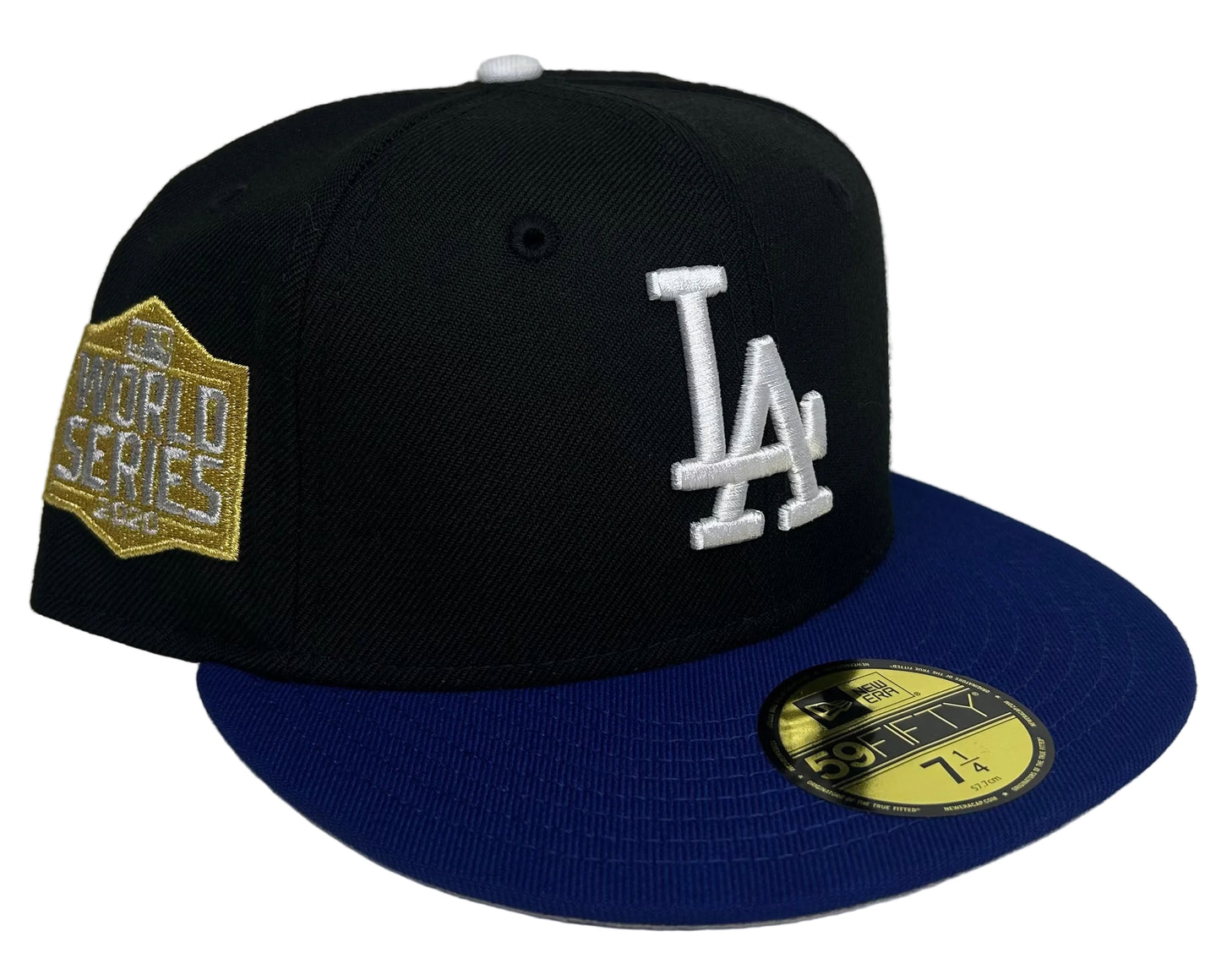 Los Angeles Dodgers New Era 59FIFTY fitted hat with a black crown, royal blue brim, and a 2020 World Series side patch in gold.