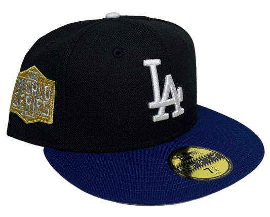 Los Angeles Dodgers New Era 59FIFTY fitted hat with a black crown, royal blue brim, and a 2020 World Series side patch in gold.