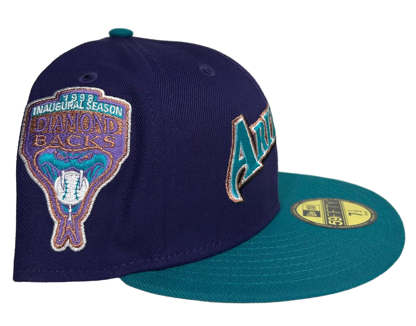 New Era 59Fifty Arizona Diamondbacks fitted hat is a "jersey script" design featuring a purple crown and teal visor.