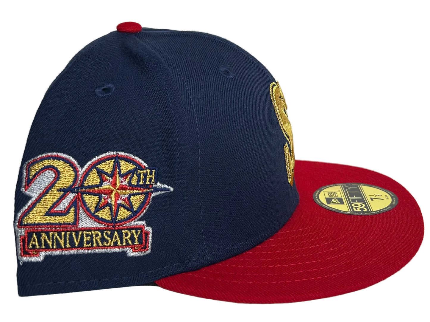 New Era Seattle Mariners 59FIFTY fitted hat with a gold trident "S" logo on the front and a 20th Anniversary side patch.