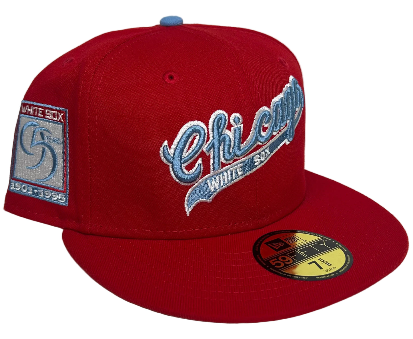 New Era Chicago White Sox City Flag 59FIFTY Fitted Hat featuring light blue cursive embroidery on the front and a commemorative side patch.