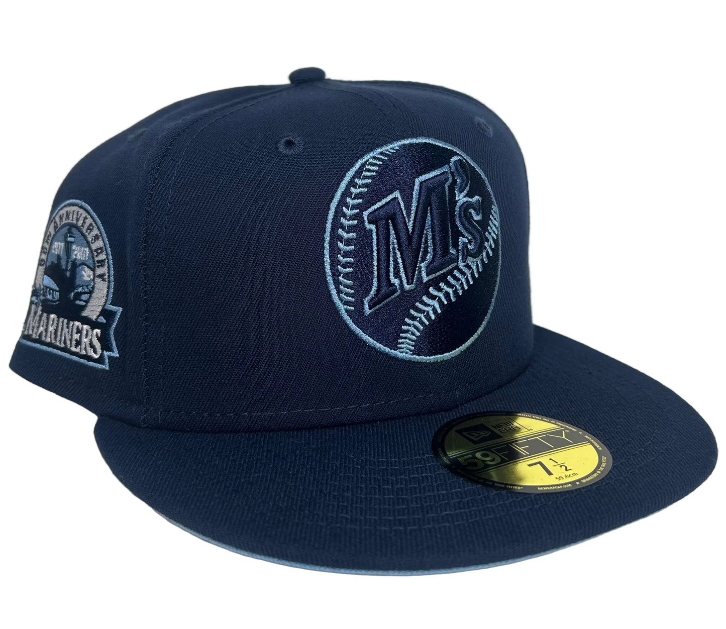 New Era 59Fifty Seattle Mariners "Chasing M's" fitted hat features an ocean blue crown and a light blue undervisor.
