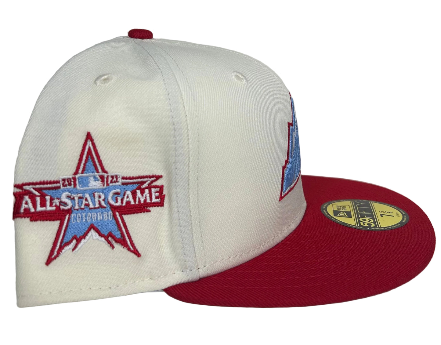 New Era 59Fifty fitted Colorado Rockies white crown and a red visor with a 2021 All-Star Game patch.