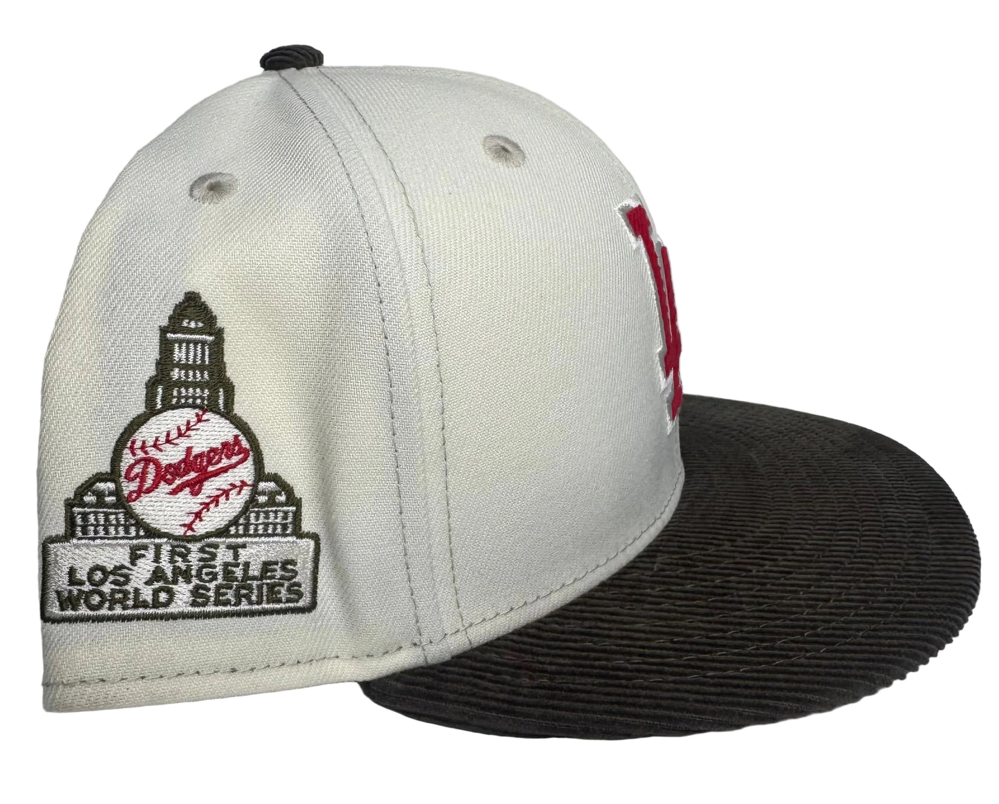 Los Angeles Dodgers Chrome Olive Corduroy 1st LA WS Patch Red Corduroy UV 59FIFTY Fitted Hat.