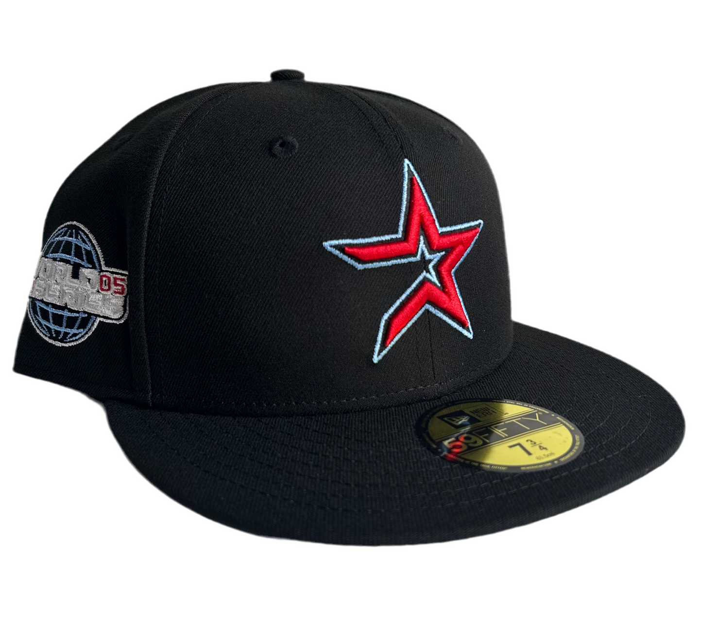 New Era 59Fifty Houston Astros 2005 World Series fitted hat with a black crown & a red and blue logo W/ Icy UV.