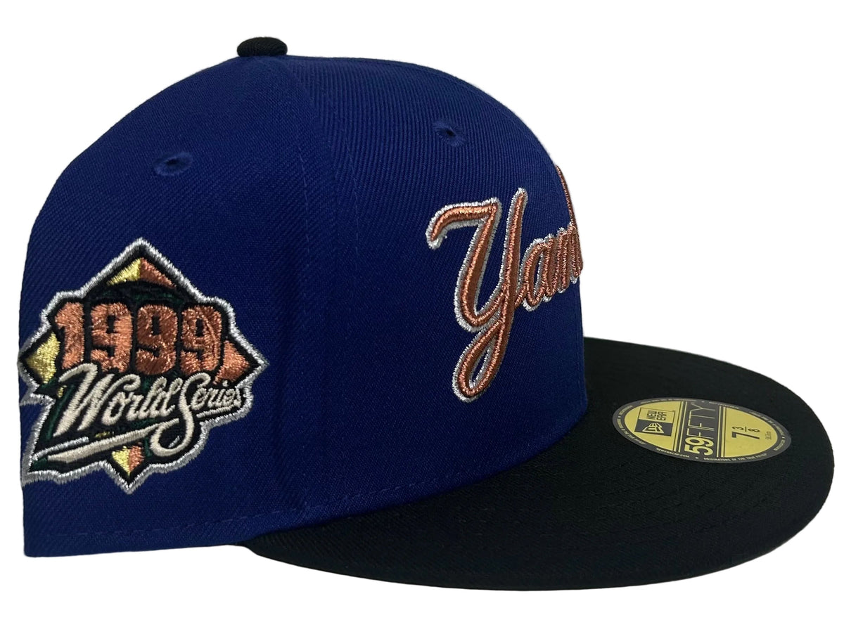 New Era 59FIFTY fitted hat for the New York Yankees features a royal blue crown, a black visor, and a commemorative 1999 World Series side patch.