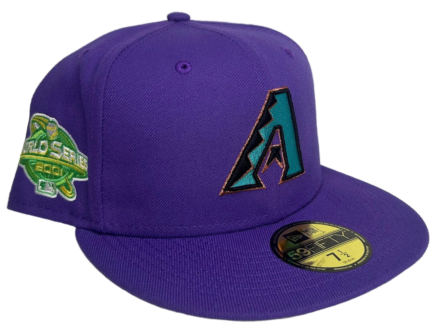 New Era Arizona Diamondbacks Citrus Pop 2001 World Series 59FIFTY fitted hat featuring a vibrant purple crown and a distinctive teal and copper embroidered team logo.