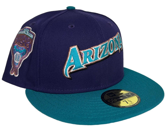 New Era 59Fifty Arizona Diamondbacks fitted hat is a "jersey script" design featuring a purple crown and teal visor.