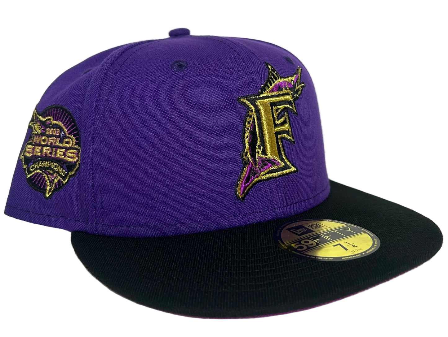 purple New Era 59FIFTY Florida Marlins 2003 World Series fitted hat features a lavender undervisor.