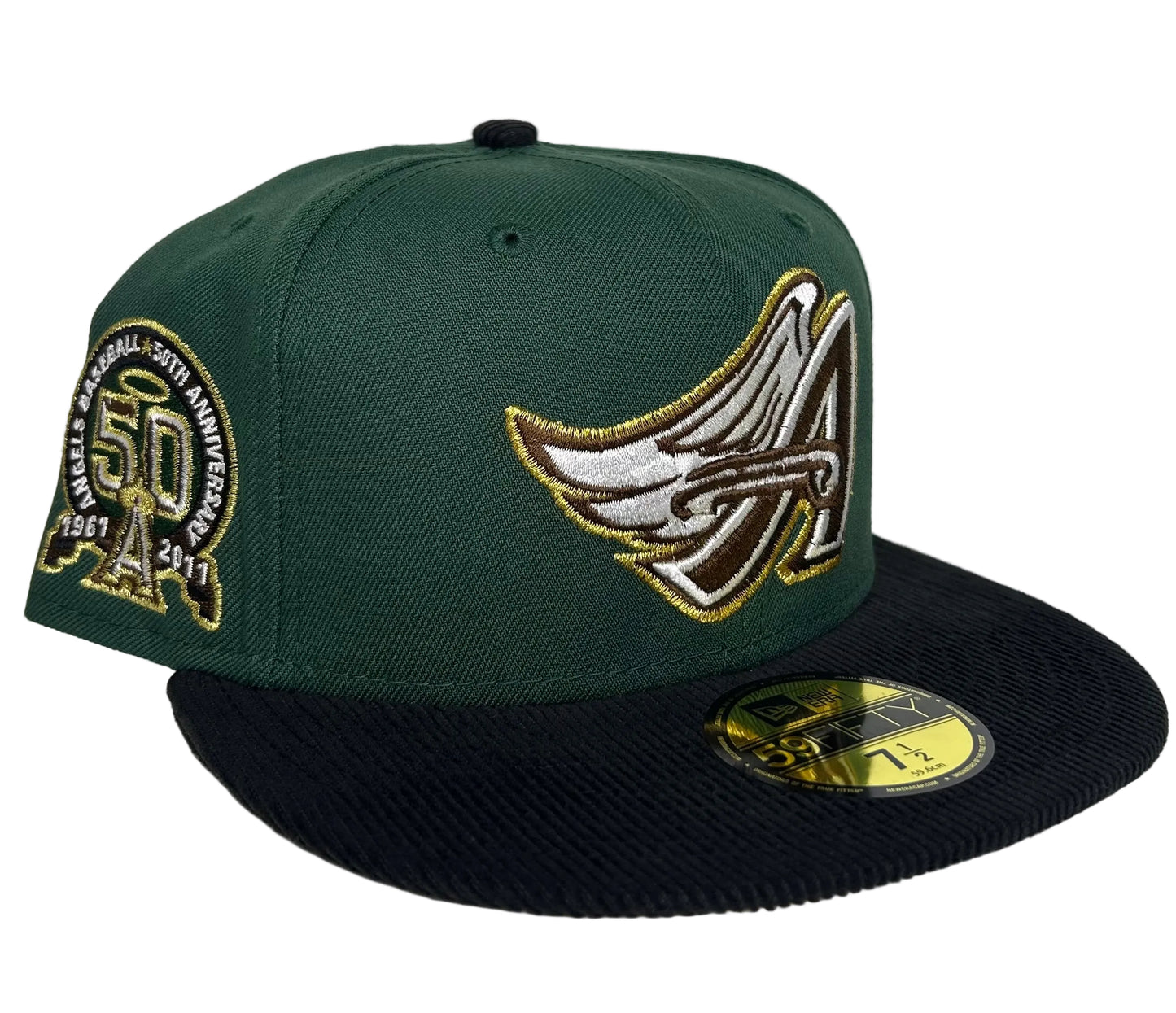 New Era Anaheim Angels 50th Anniversary Fitted Hat features a green crown with a black corduroy brim and a commemorative side patch.