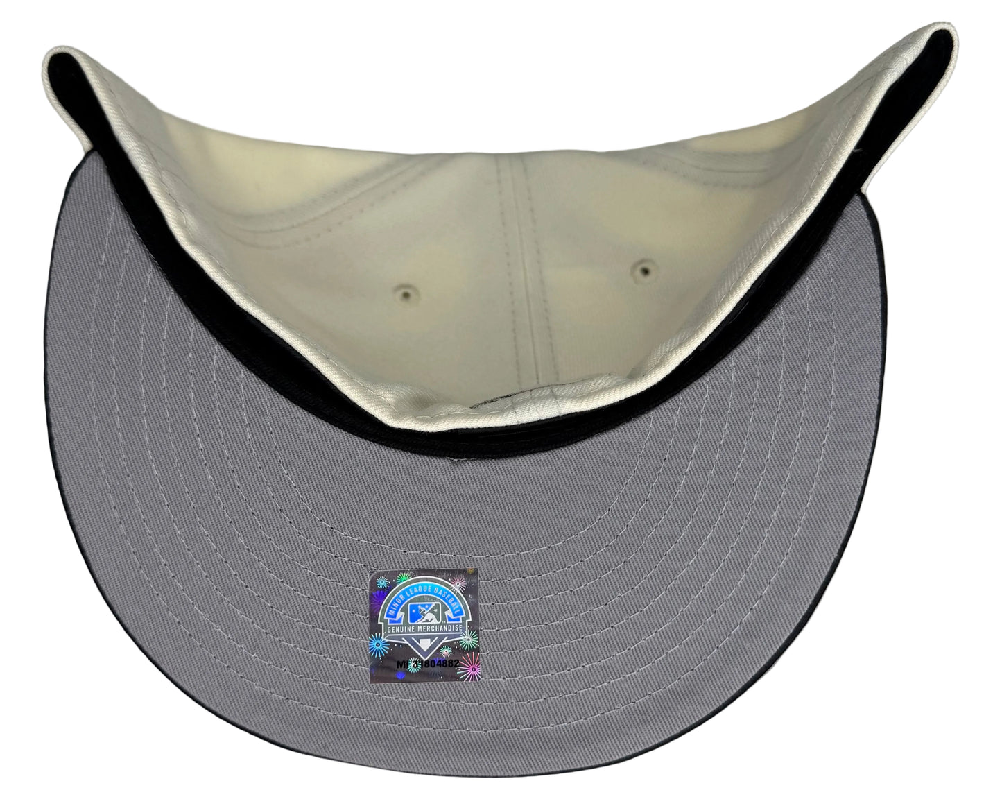 New Era Rochester Red Wings Reaper Chrome Satin Brim Two Tone Edition 59Fifty Fitted Hat features a distinctive satin brim and a "Grim Reaper" logo.