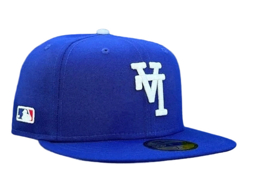 NEW ERA 59FIFTY LOS ANGELES DODGERS UPSIDE DOWN LOGO SIDE BATTY FITTED HAT DARK ROYAL BLUE WHITE