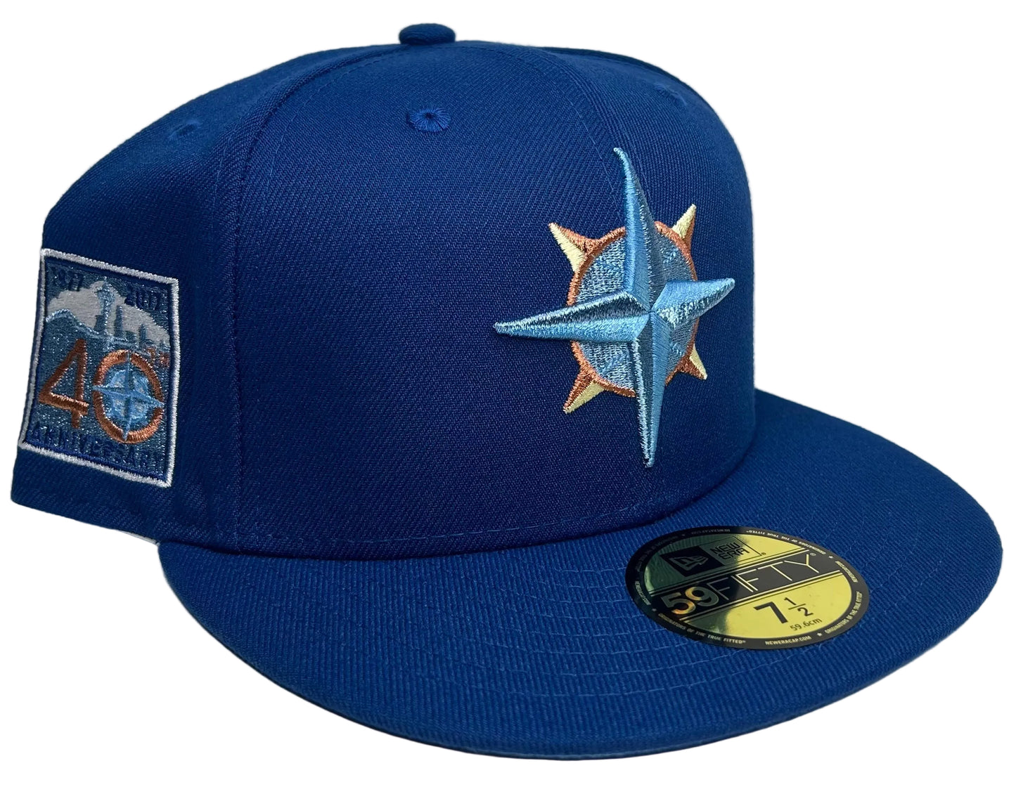 New Era Seattle Mariners 59FIFTY fitted hat featuring a light blue compass star logo and a 40th-anniversary side patch.
