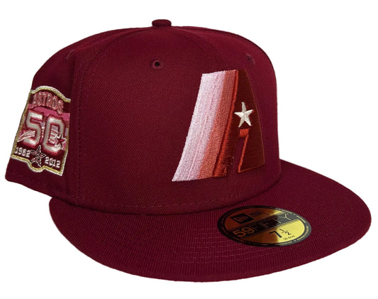 New Era Houston Astros "Red Velvet" 59FIFTY fitted hat featuring a maroon crown and a special 50th-anniversary side patch.
