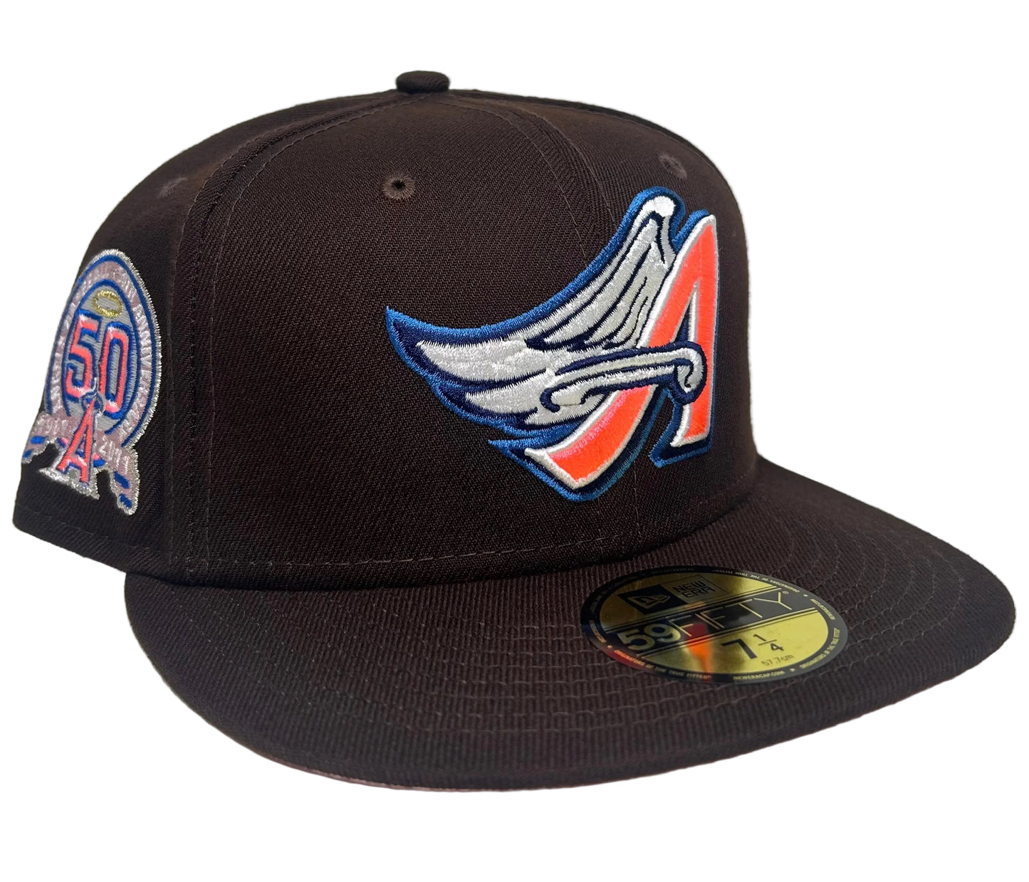 New Era 59FIFTY Los Angeles Angels fitted hat in Dark Brown with a 50th-anniversary side patch.