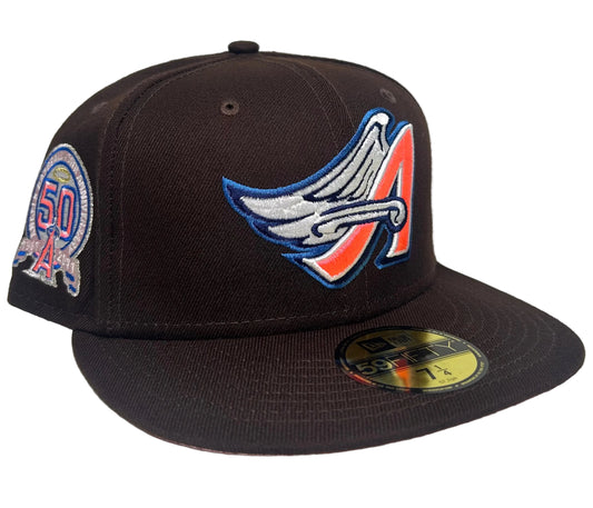 New Era 59FIFTY Los Angeles Angels fitted hat in Dark Brown with a 50th-anniversary side patch.