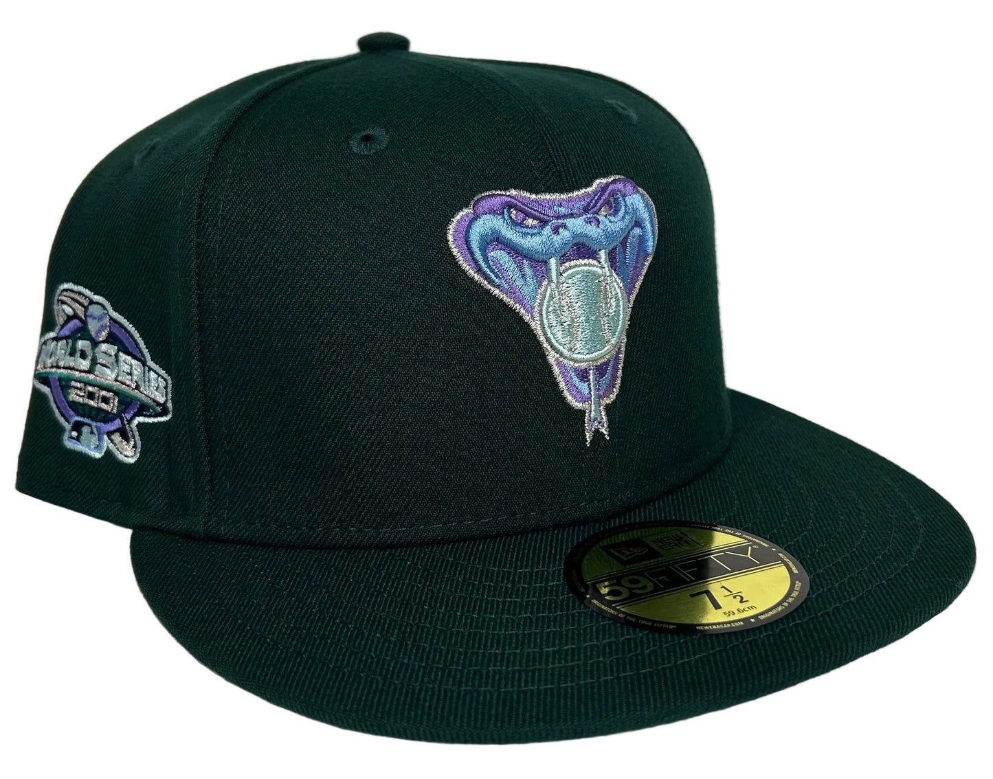 New Era Arizona Diamondbacks "Green Icy" 59FIFTY fitted hat features a dark green crown and visor with a vibrant snake logo and a 2001 World Series side patch.