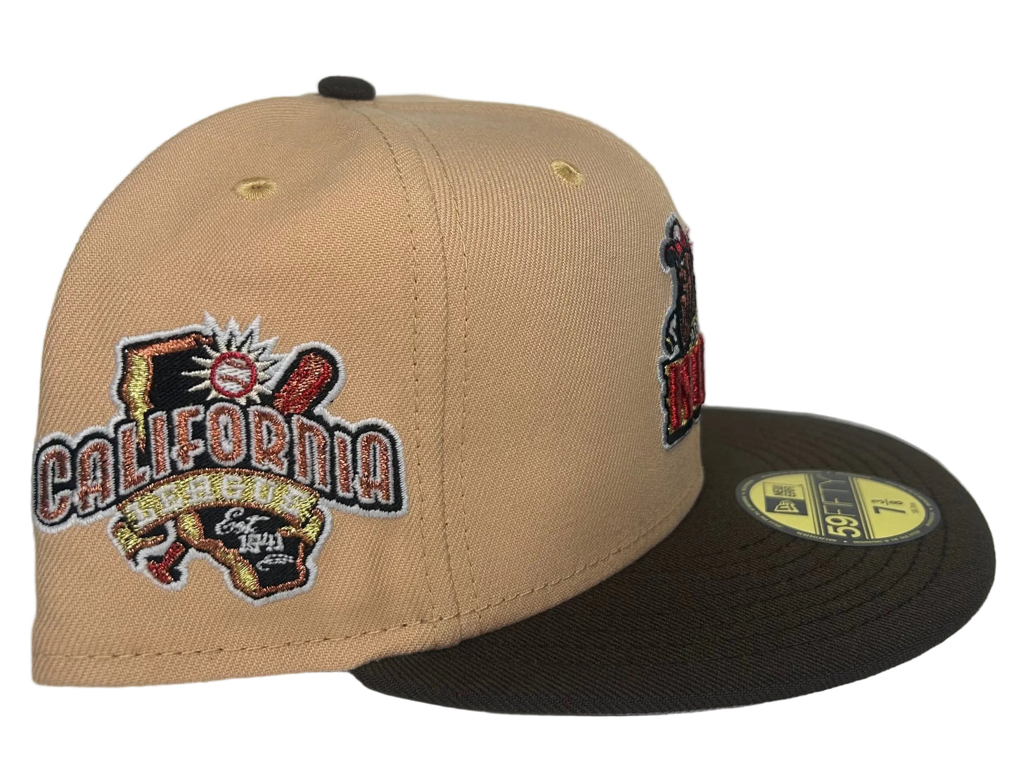 New Era Modesto Nuts Minor League Baseball 59FIFTY fitted cap featuring a khaki crown, brown visor, and a California League side patch.