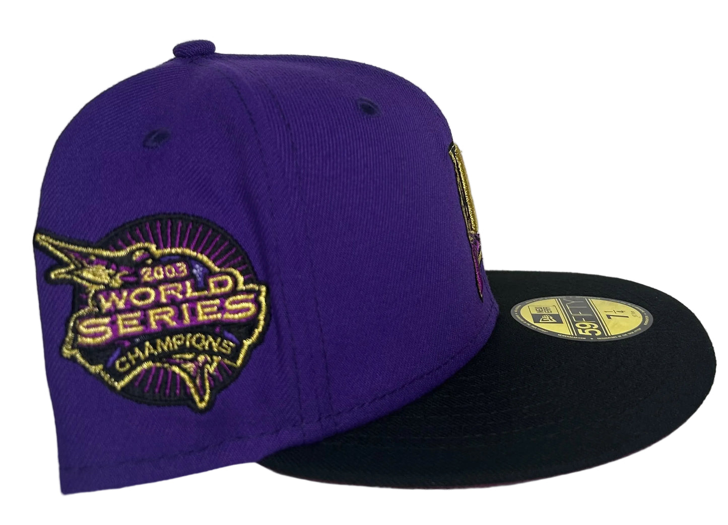 purple New Era 59FIFTY Florida Marlins 2003 World Series fitted hat features a lavender undervisor.
