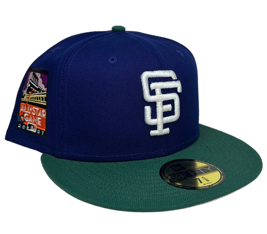 New Era San Francisco Giants "Fre-Tips" 59FIFTY fitted hat featuring a dark royal blue crown, emerald green visor, and a 2007 All-Star Game side patch.
